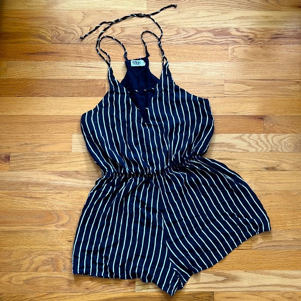 White Striped and Navy Spaghetti Strap Romper with Cinched Waist - Medium